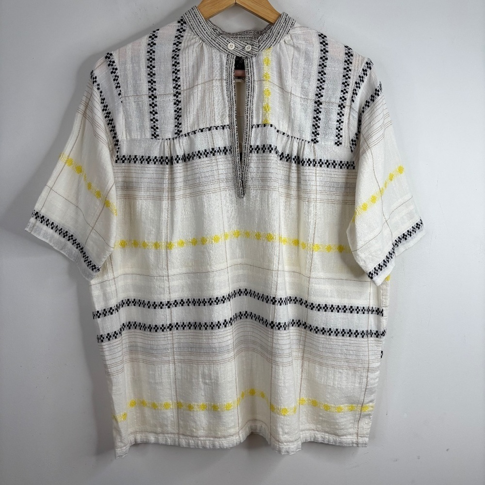 ace & jig Shirt M Ivory Embroidered Stripe Woven Short Sleeve Boxy Boho Indie